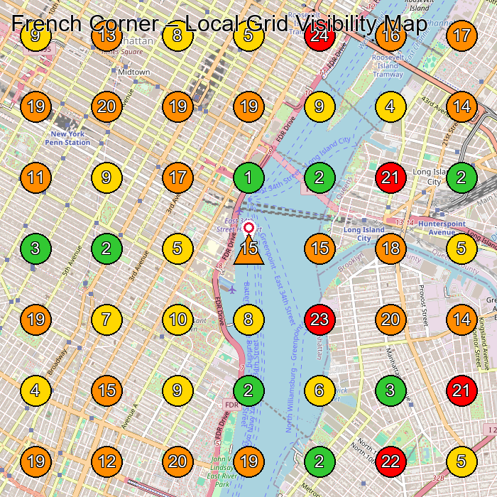 French Corner Clothing Store GeoGrid ranking map for New York NY